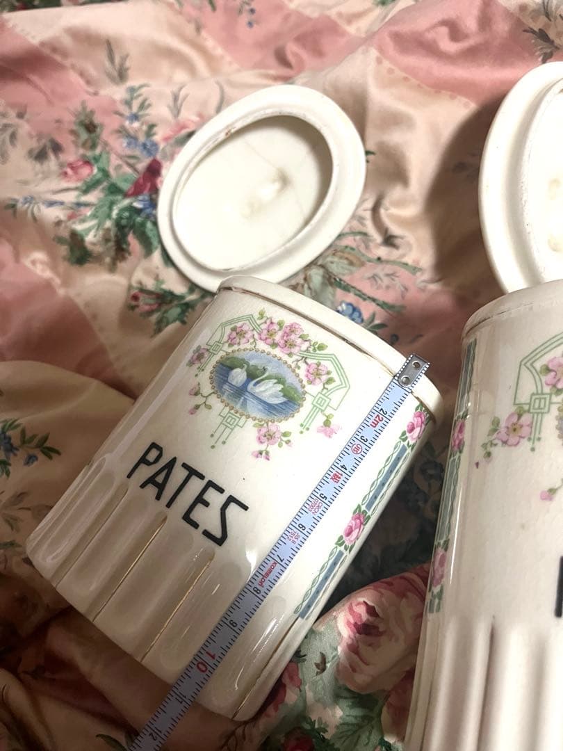 お値下げ フランスアンティーク 小花&バラ&白鳥 キャニスター 4Pセット